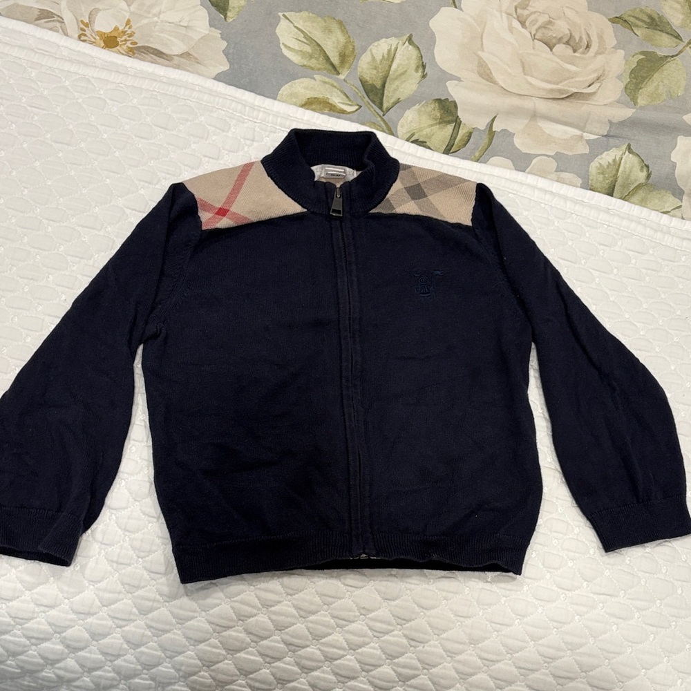 Burberry Kids Navy Sweater with Tan Plaid Accents